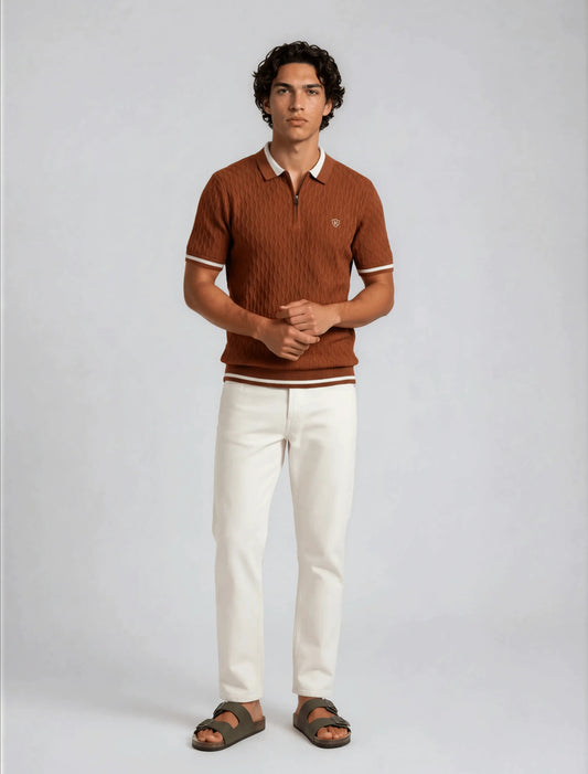 F4 - Diamond Knit Zip Polo — Rust