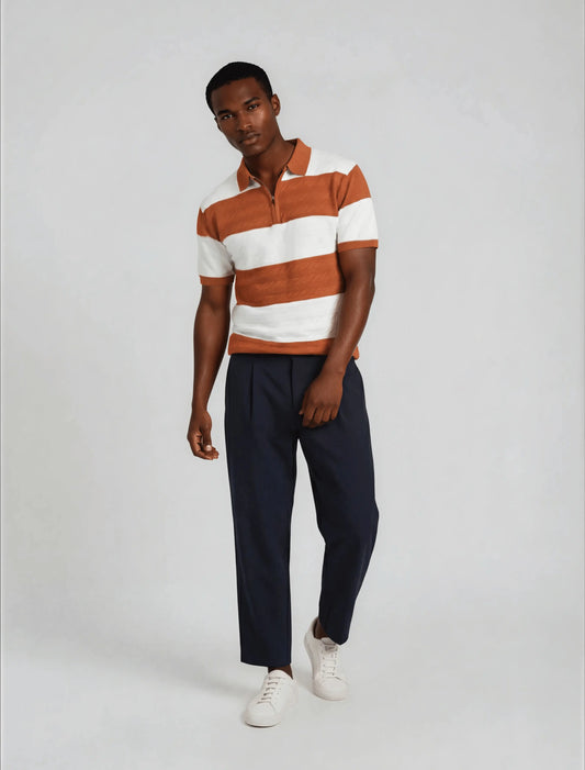F8 - Heritage Stripe Zip Polo — Rust White