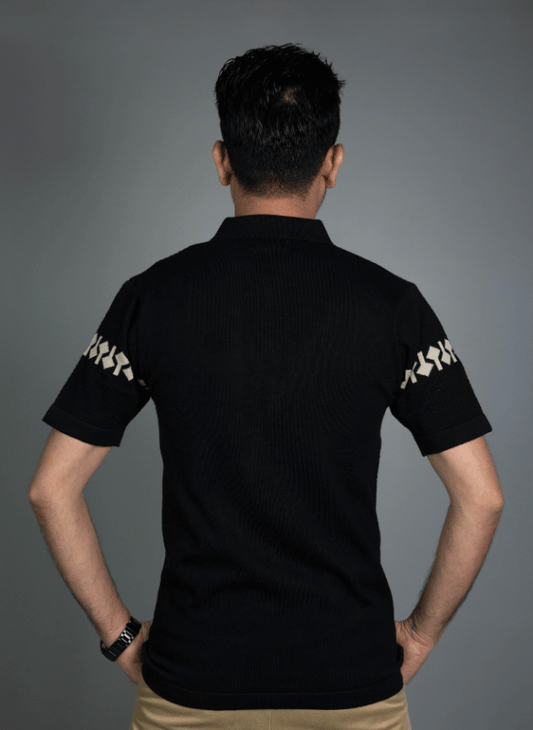 Geometric Pattern Black Polo - Beige Tribal Knit T-Shirt
