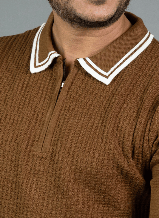 Brown Textured Polo - White Trim Long Sleeve Knit