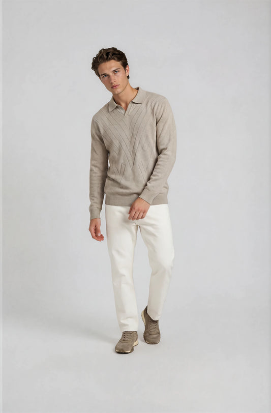 Diagonal Rib Knit Full Sleeve Polo β Beige