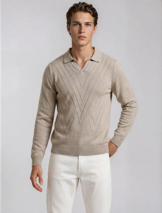 Diagonal Rib Knit Full Sleeve Polo β Beige