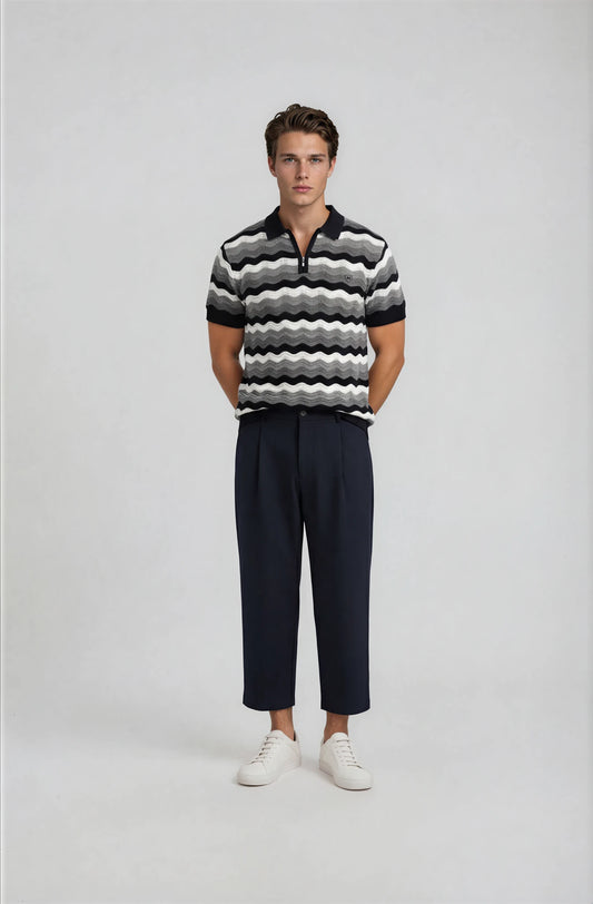 Wave Knit Zip Polo β Black Grey