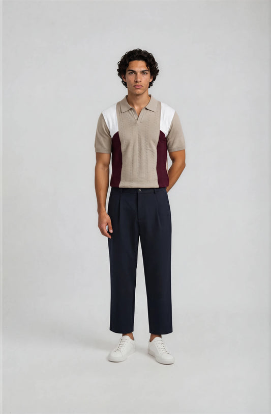 Panel Knit Polo β Beige Maroon