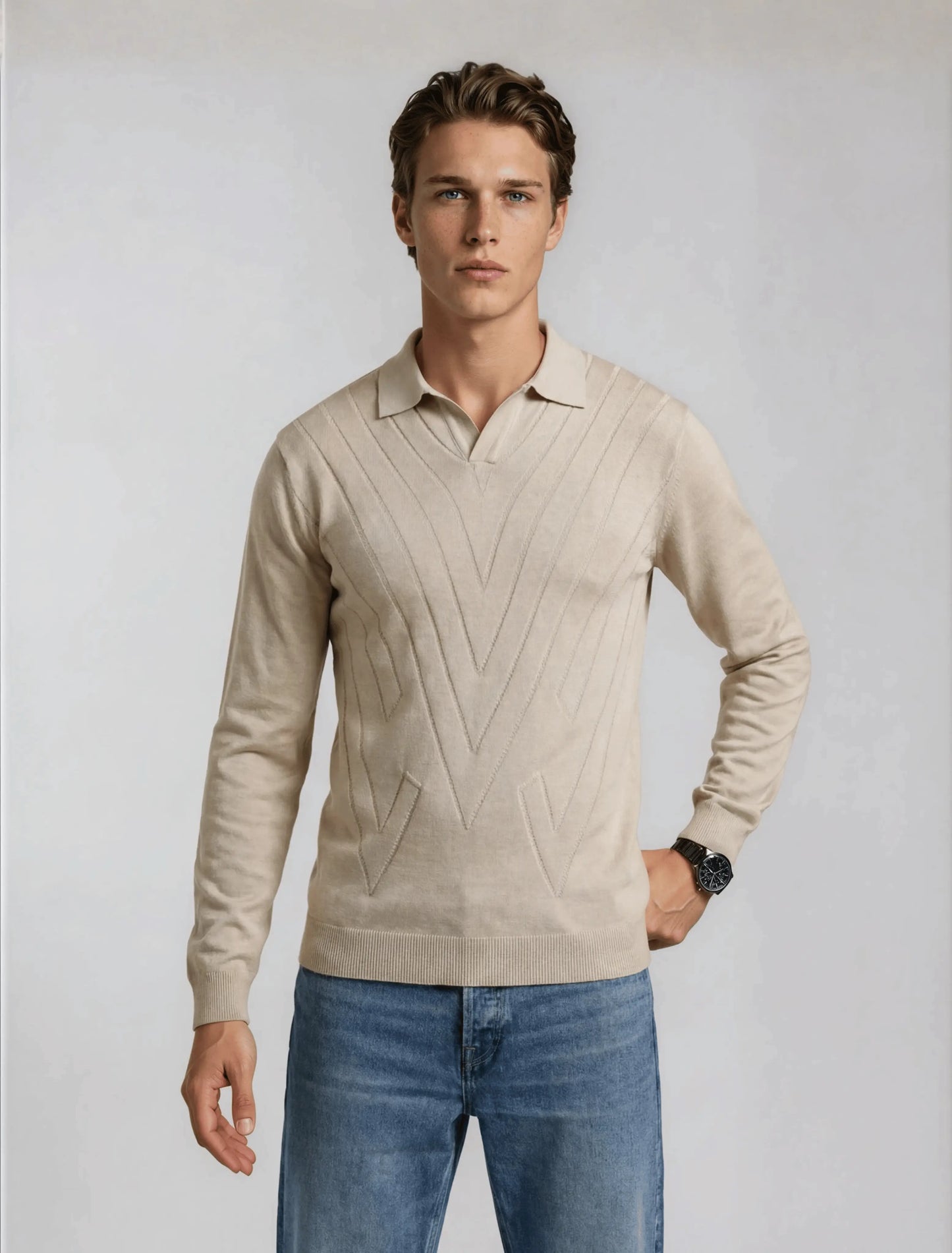 F1 - Diagonal Rib Knit Full Sleeve Polo — Beige