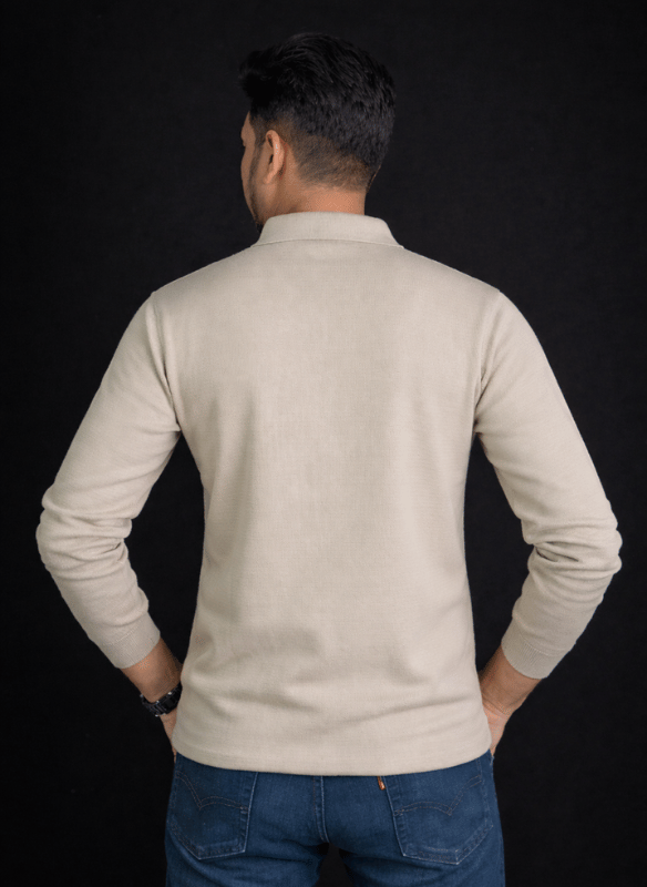 Beige Geometric Knit Polo - Long Sleeve Textured V