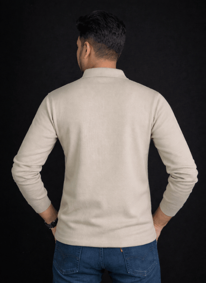 Beige Geometric Knit Polo - Long Sleeve Textured V