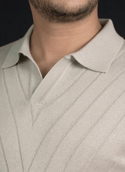 Beige Geometric Knit Polo - Long Sleeve Textured V