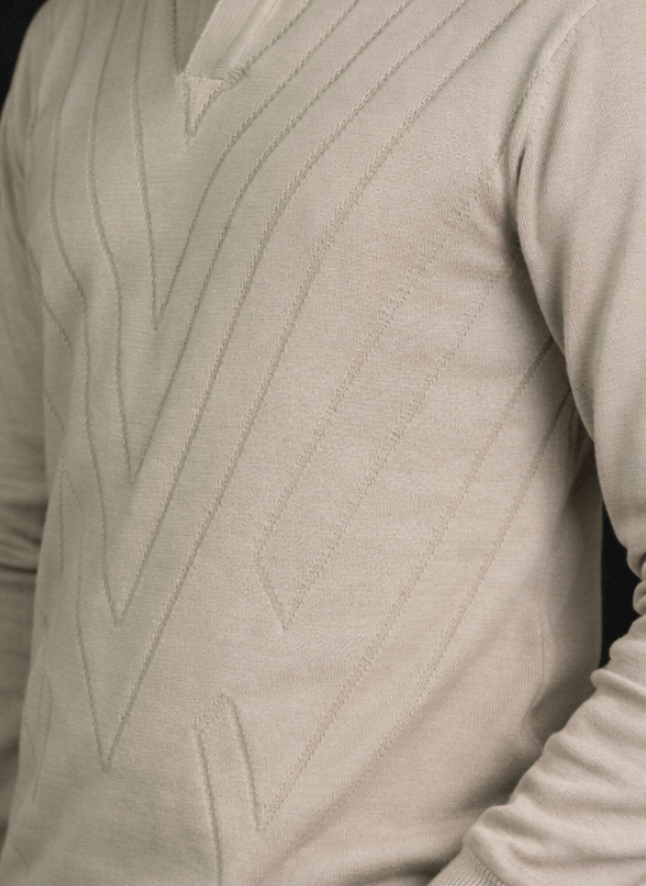 Beige Geometric Knit Polo - Long Sleeve Textured V