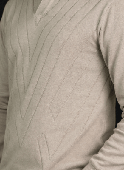 Beige Geometric Knit Polo - Long Sleeve Textured V