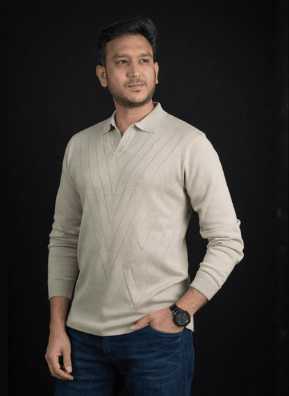 Beige Geometric Knit Polo - Long Sleeve Textured V