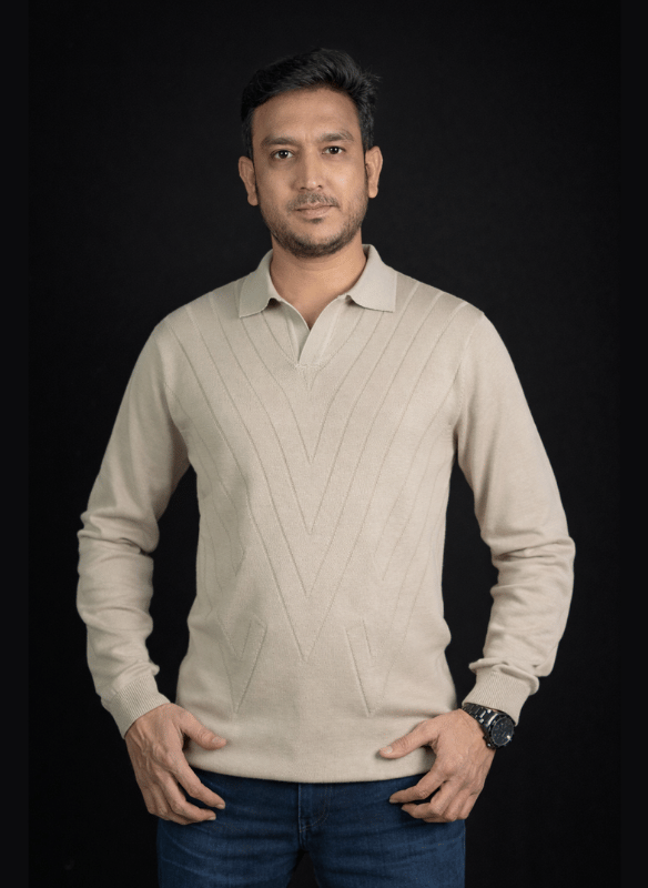 Beige Geometric Knit Polo - Long Sleeve Textured V