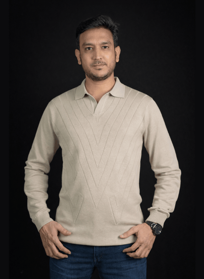 Beige Geometric Knit Polo - Long Sleeve Textured V