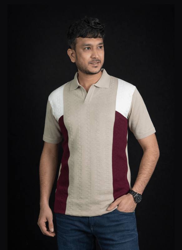 Desert Panel Polo - Beige Burgundy White Knit T-Shirt