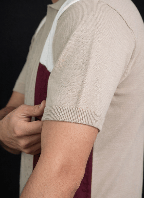 Desert Panel Polo - Beige Burgundy White Knit T-Shirt