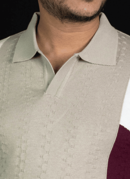 Desert Panel Polo - Beige Burgundy White Knit T-Shirt