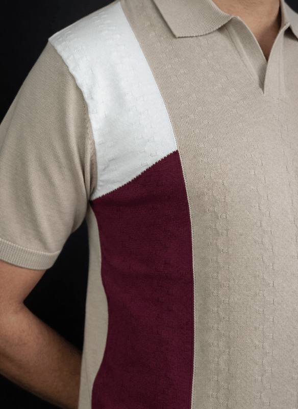 Desert Panel Polo - Beige Burgundy White Knit T-Shirt