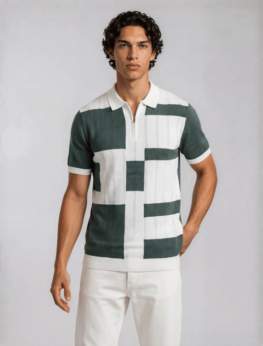 Colour Block Zip Polo - Sage Green