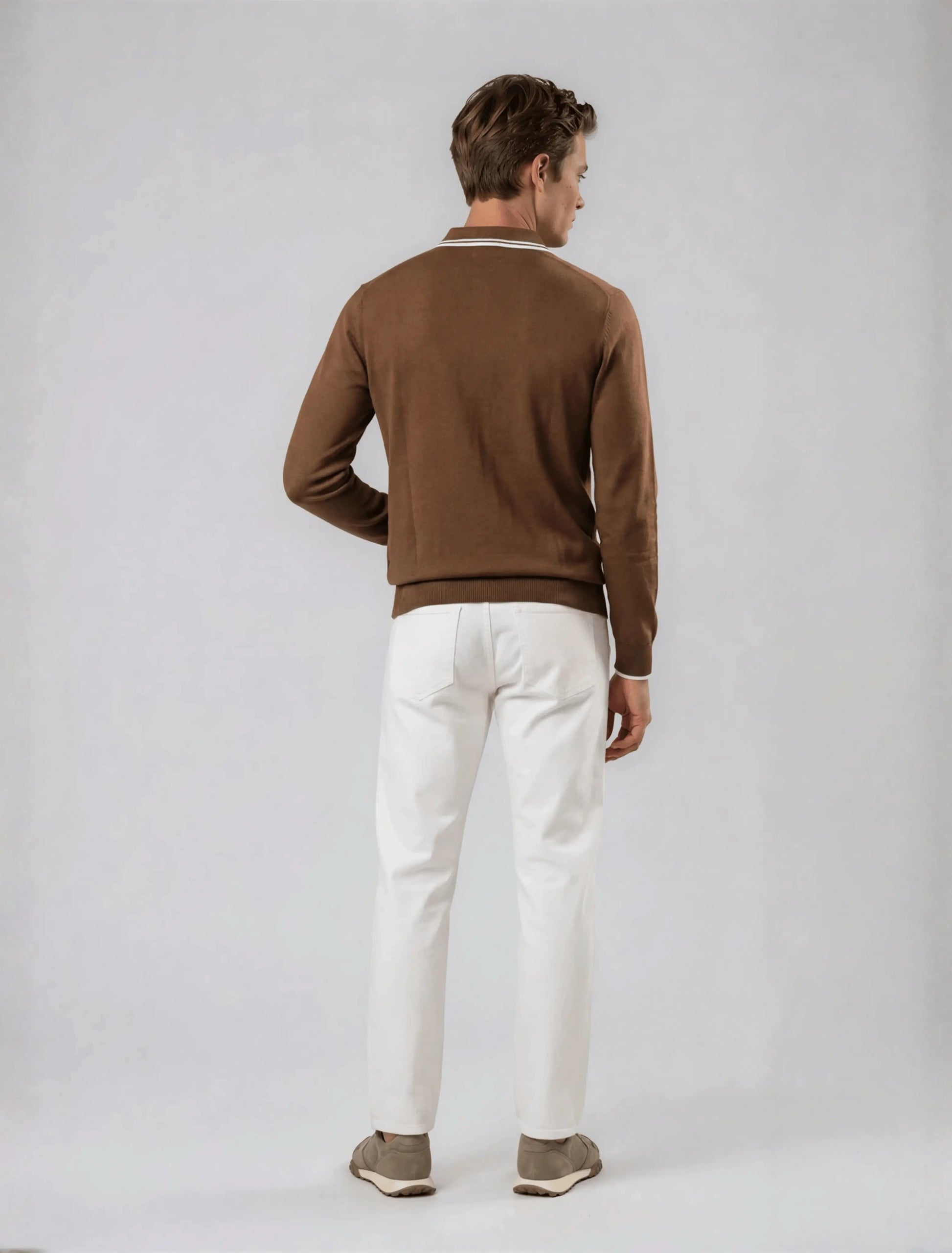 F3 - Ribbed Knit Full Sleeve Polo — Brown