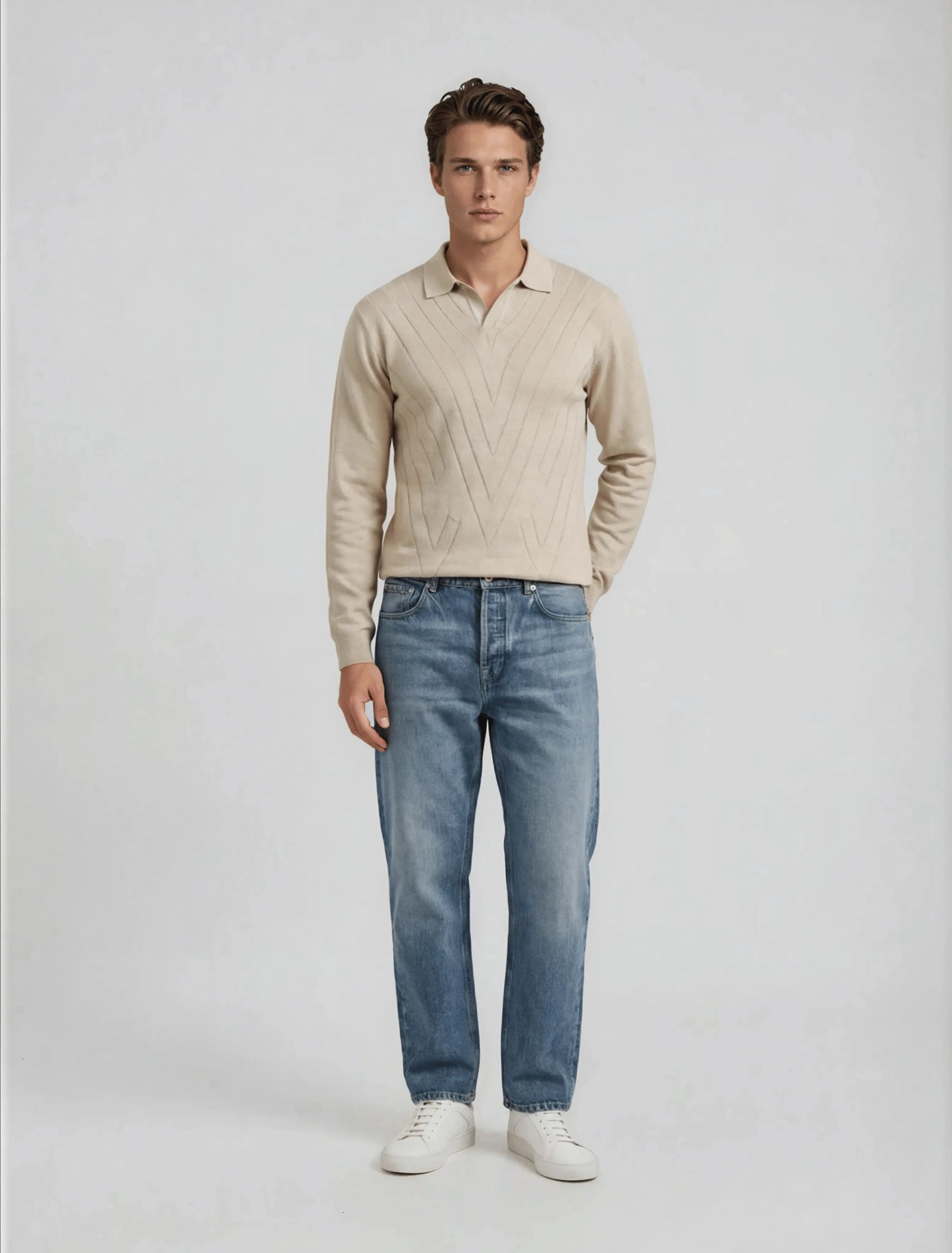 F1 - Diagonal Rib Knit Full Sleeve Polo — Beige