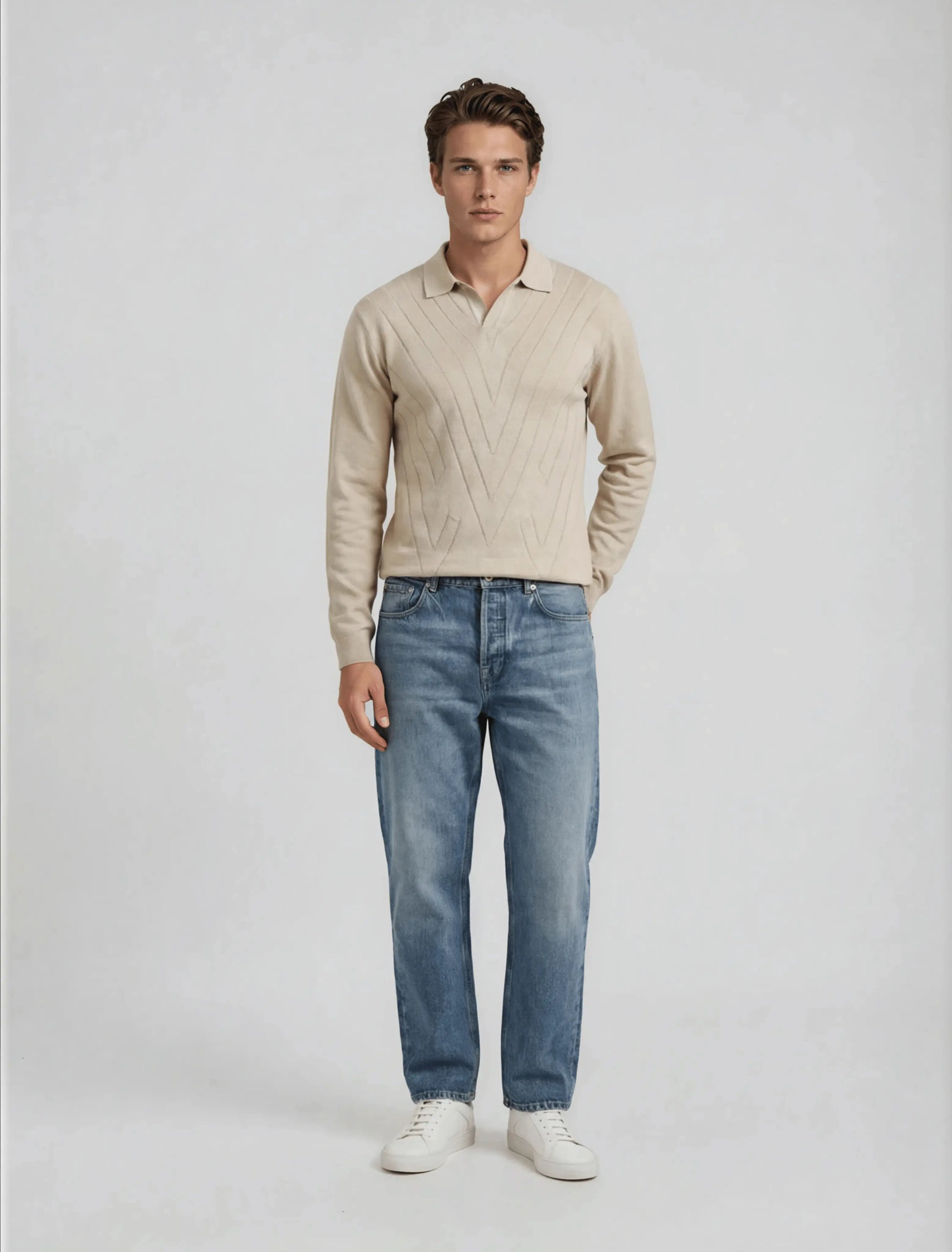 F1 - Diagonal Rib Knit Full Sleeve Polo — Beige