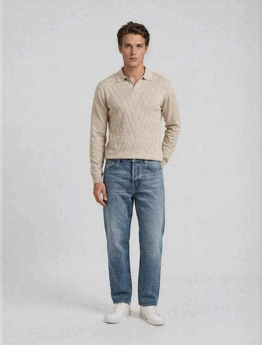 F1 - Diagonal Rib Knit Full Sleeve Polo — Beige