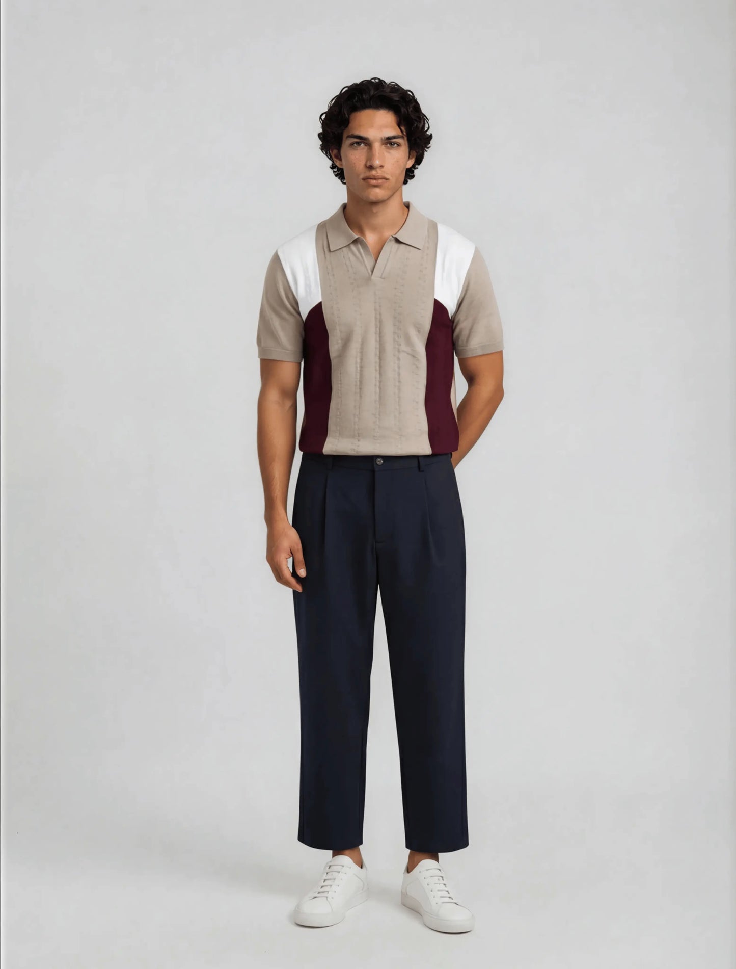 F10 - Panel Knit Polo — Beige Maroon