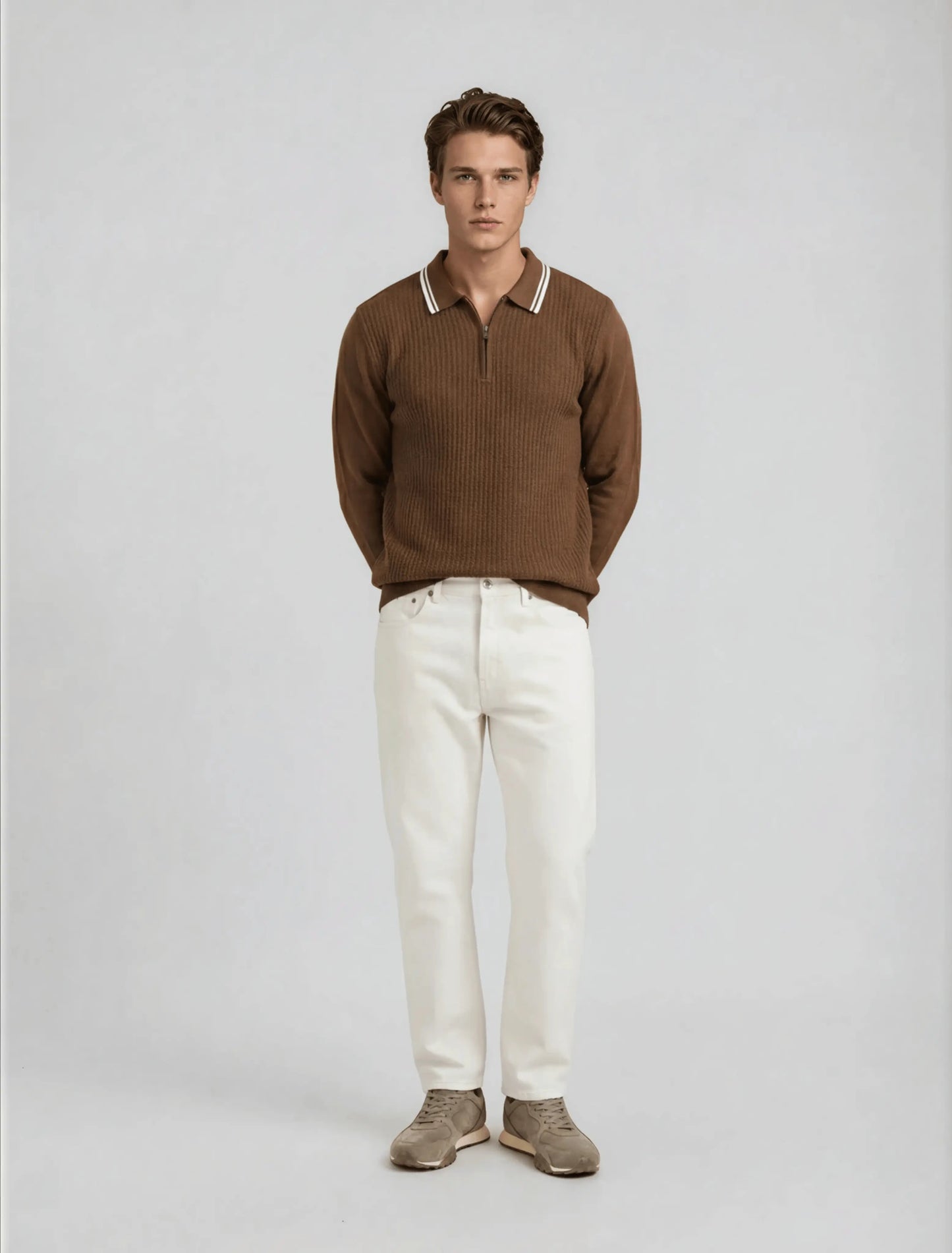 F3 - Ribbed Knit Full Sleeve Polo — Brown