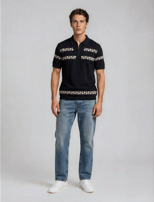 F5 - Geo Band Zip Polo — Black