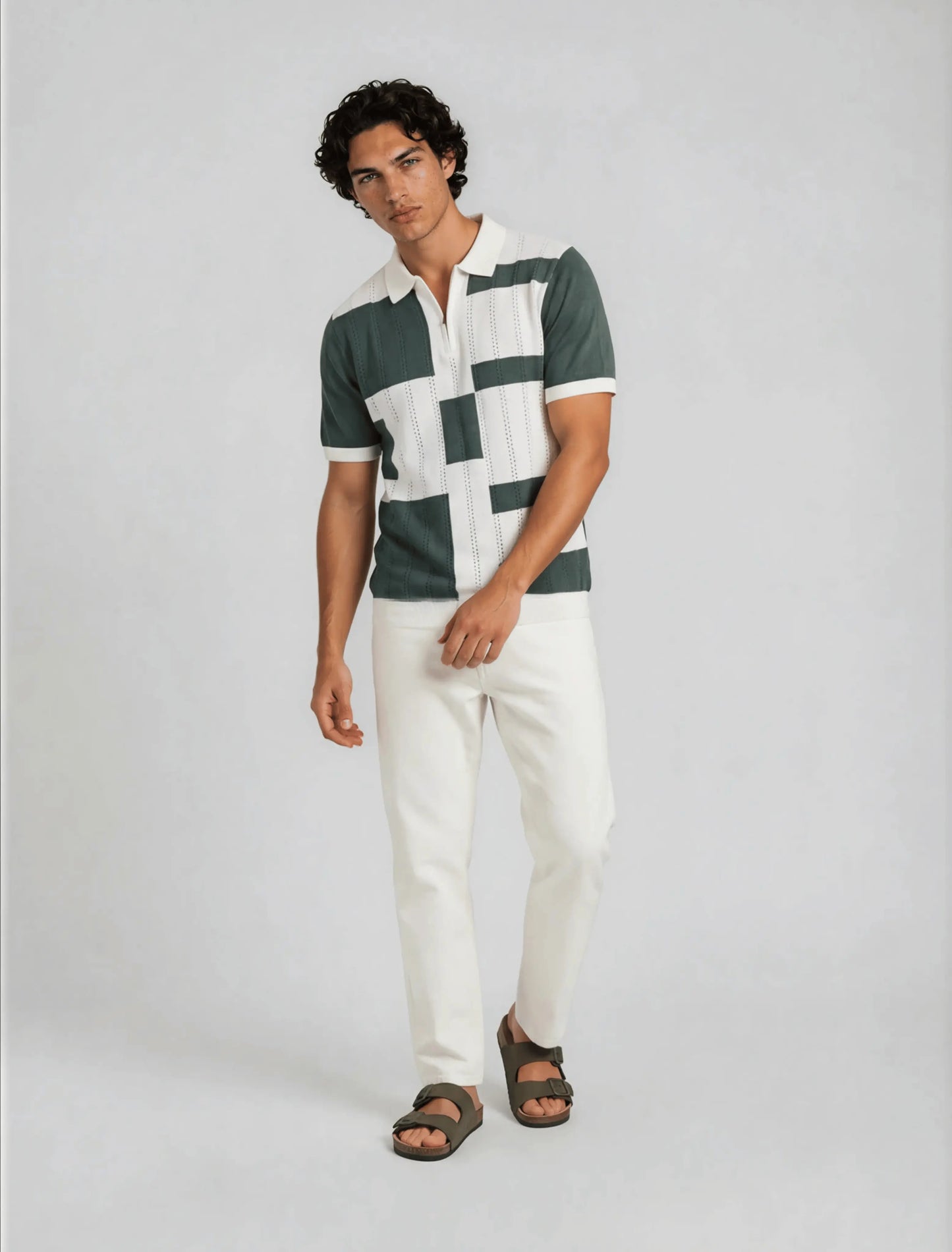 Colour Block Zip Polo - Sage Green 