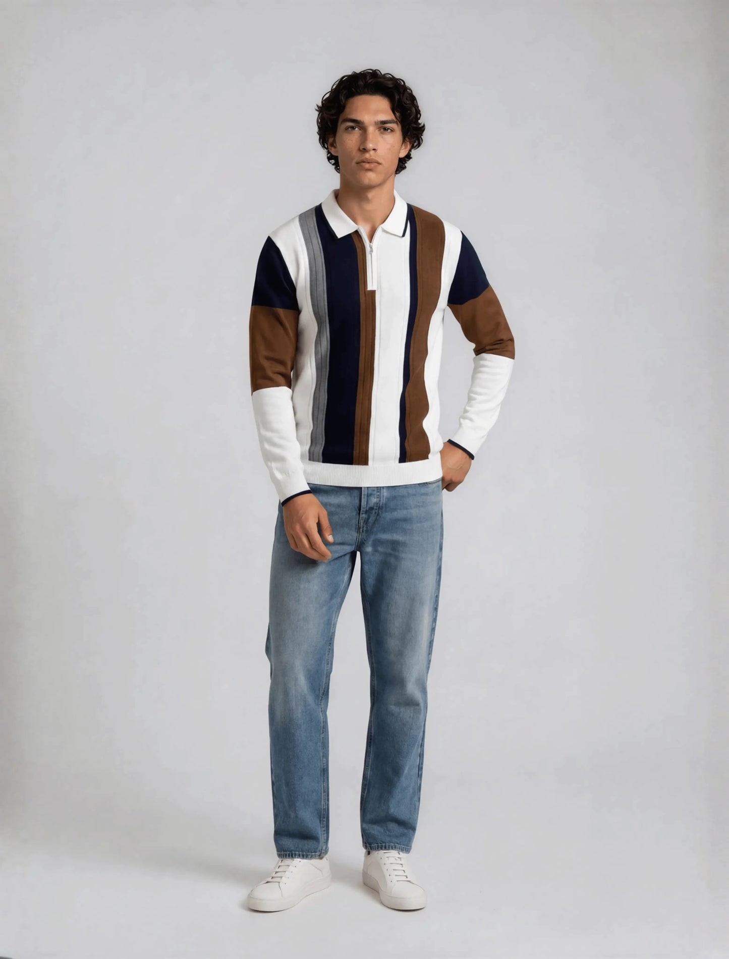 F9 - Vertical Panel Zip Polo — Navy Brown