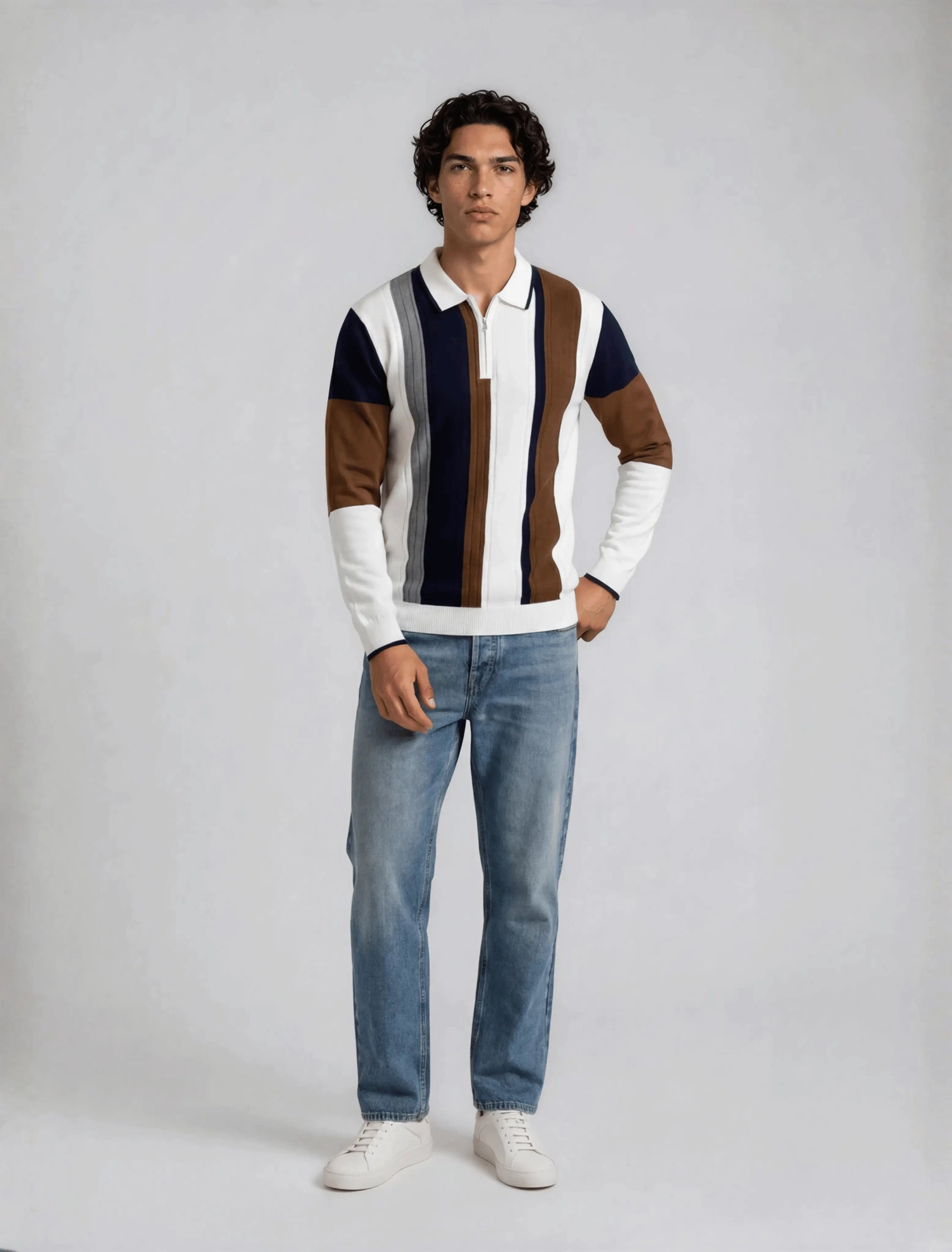 F9 - Vertical Panel Zip Polo — Navy Brown