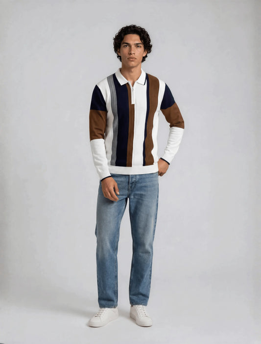 F9 - Vertical Panel Zip Polo — Navy Brown
