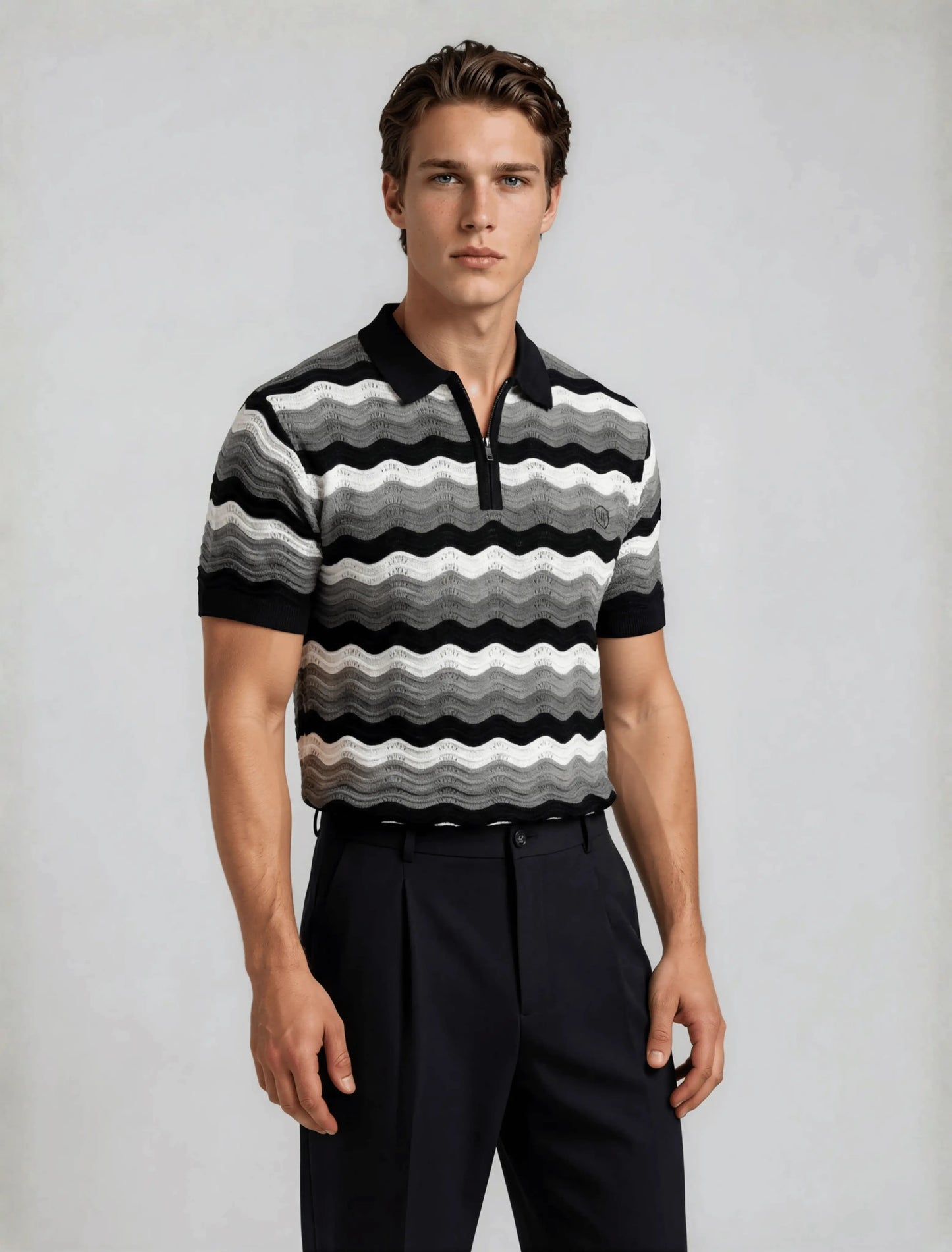 Wave Knit Zip Polo - Black Grey