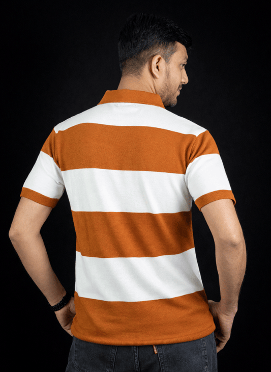 Sunset Stripe Polo - Orange White Zip Knit T-Shirt Men