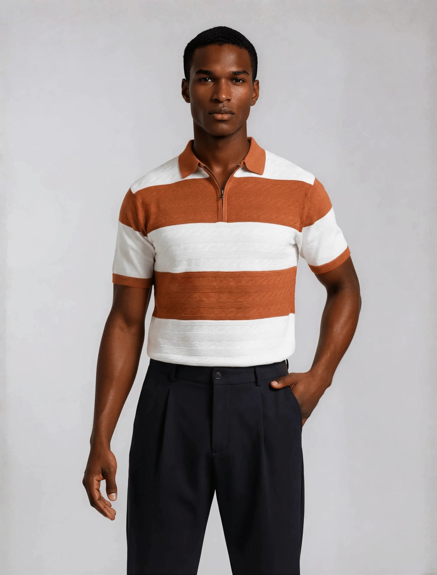 Heritage Stripe Zip Polo — Rust White