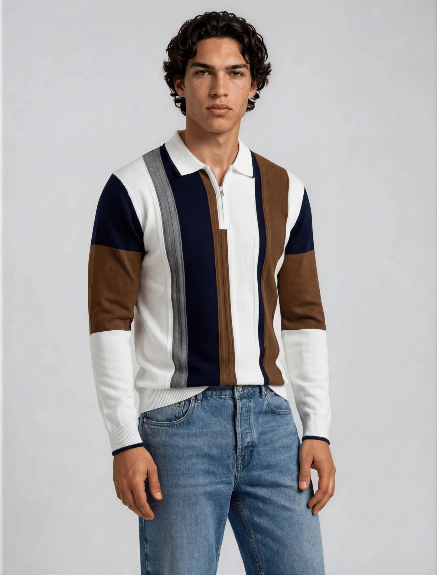 F9 - Vertical Panel Zip Polo — Navy Brown
