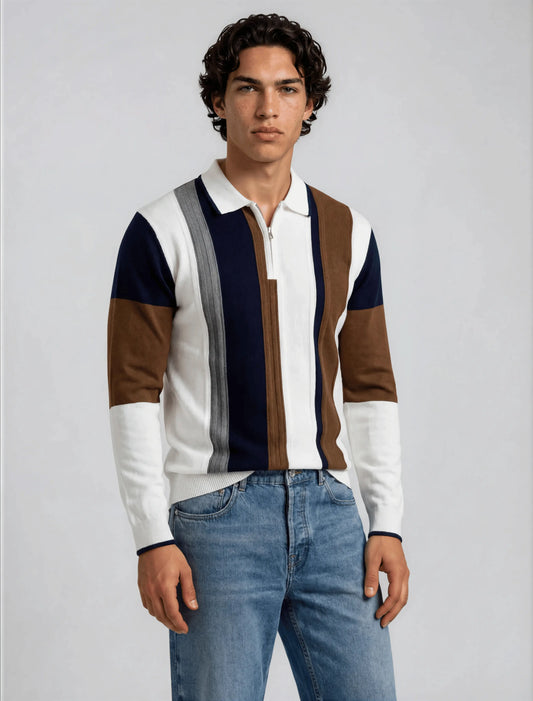F9 - Vertical Panel Zip Polo — Navy Brown