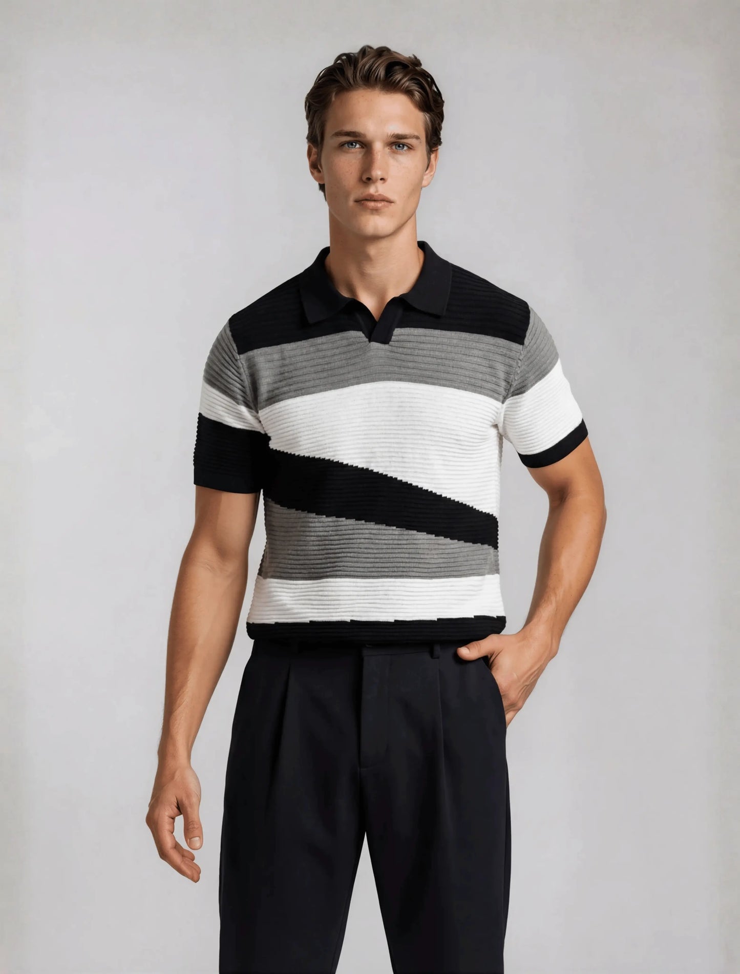 Ribbed Stripe Polo - Black Grey
