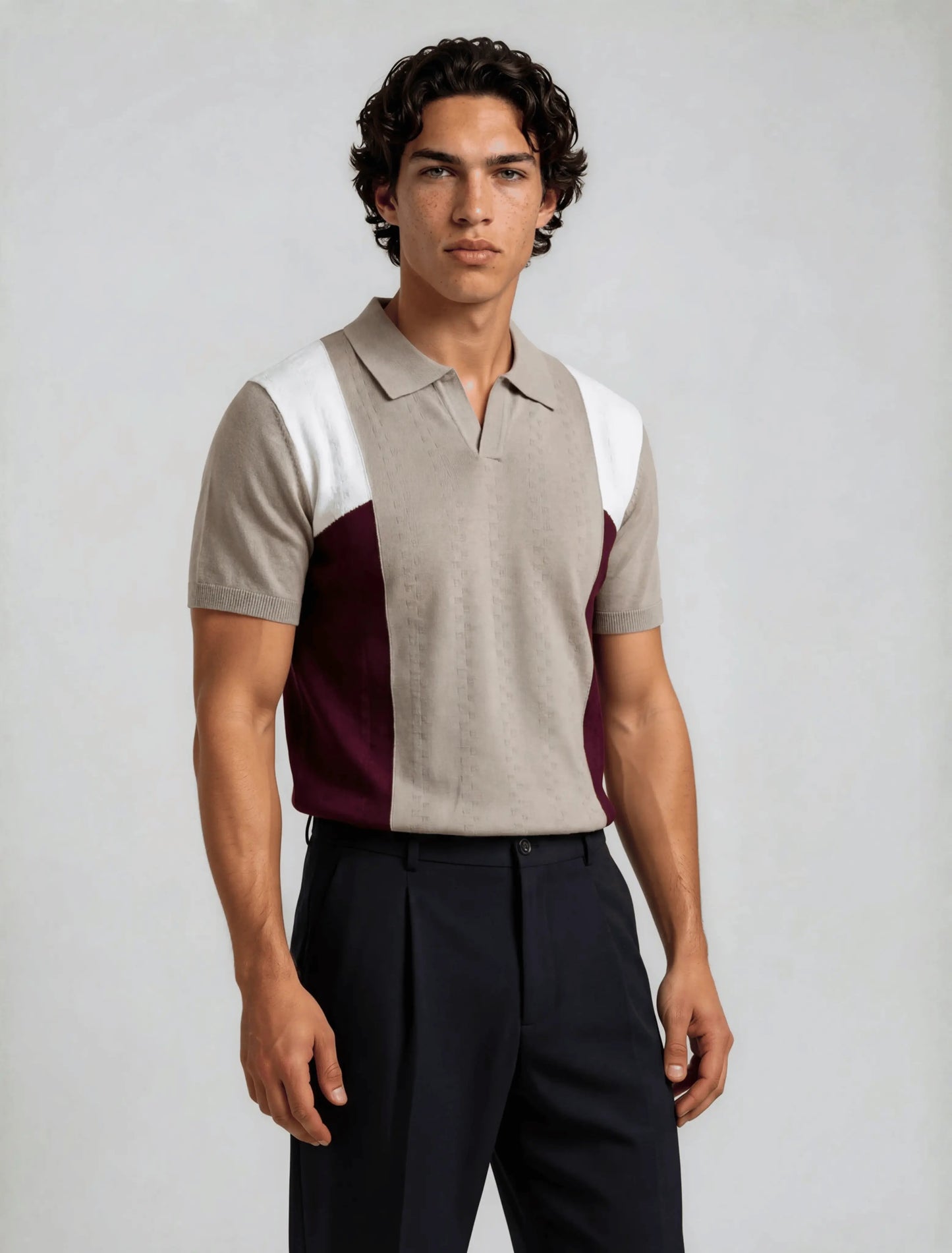 F10 - Panel Knit Polo — Beige Maroon