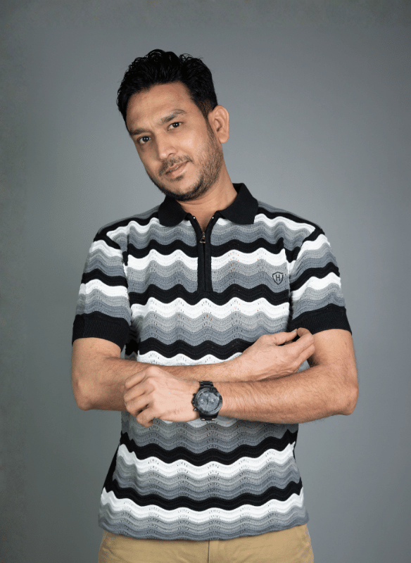 Wave Chevron Polo - Black Grey White Zip Knit T-Shirt