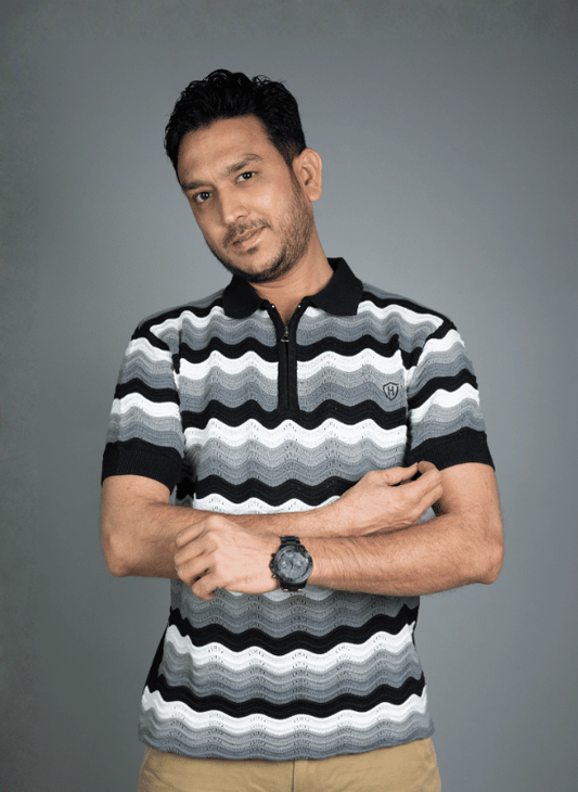Wave Chevron Polo - Black Grey White Zip Knit T-Shirt