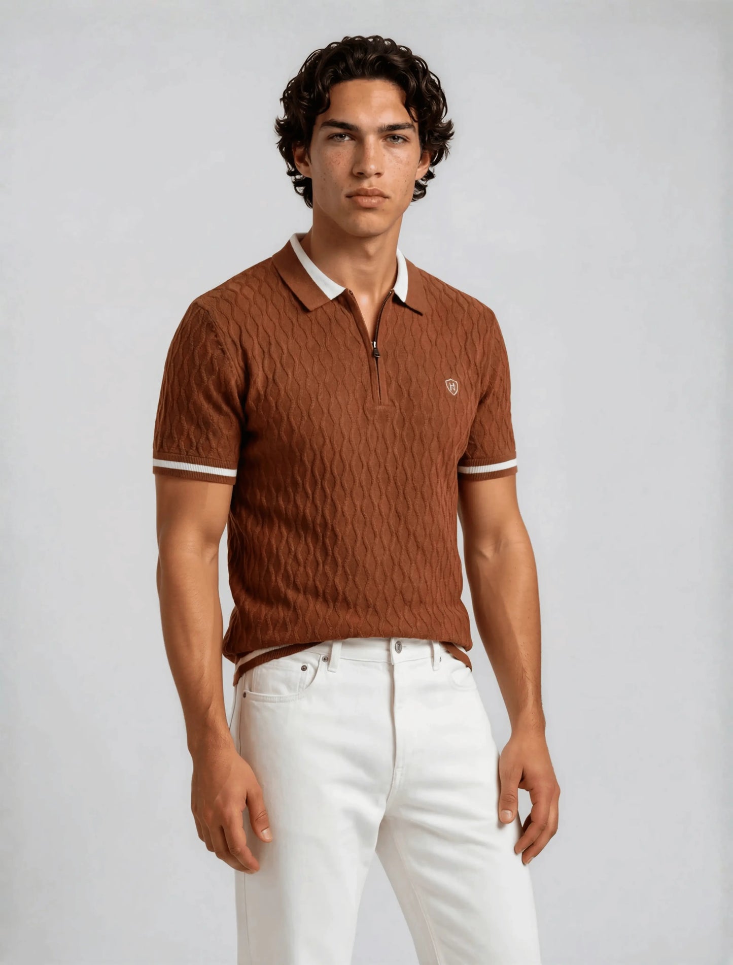 Diamond Knit Zip Polo - Rust