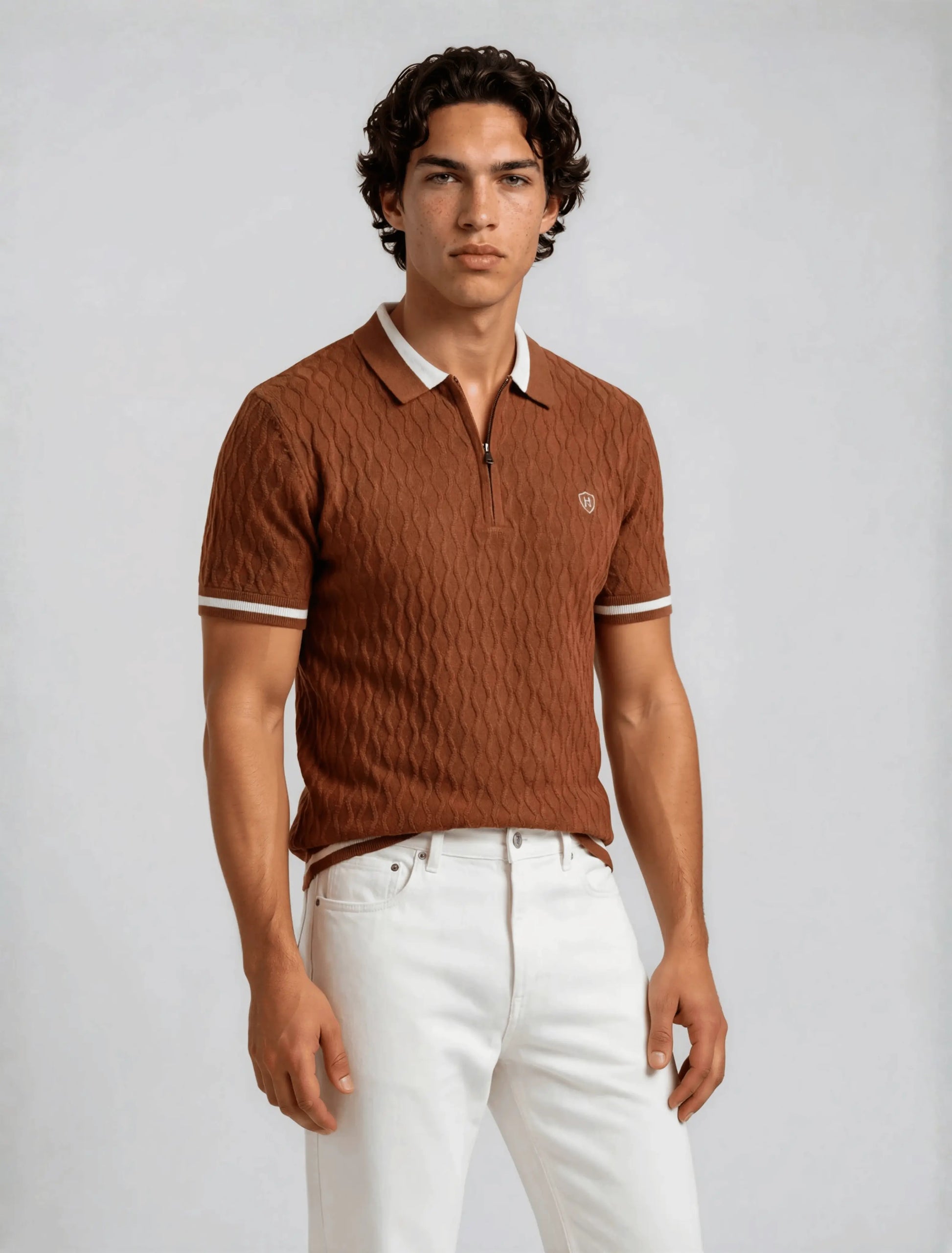 Diamond Knit Zip Polo - Rust