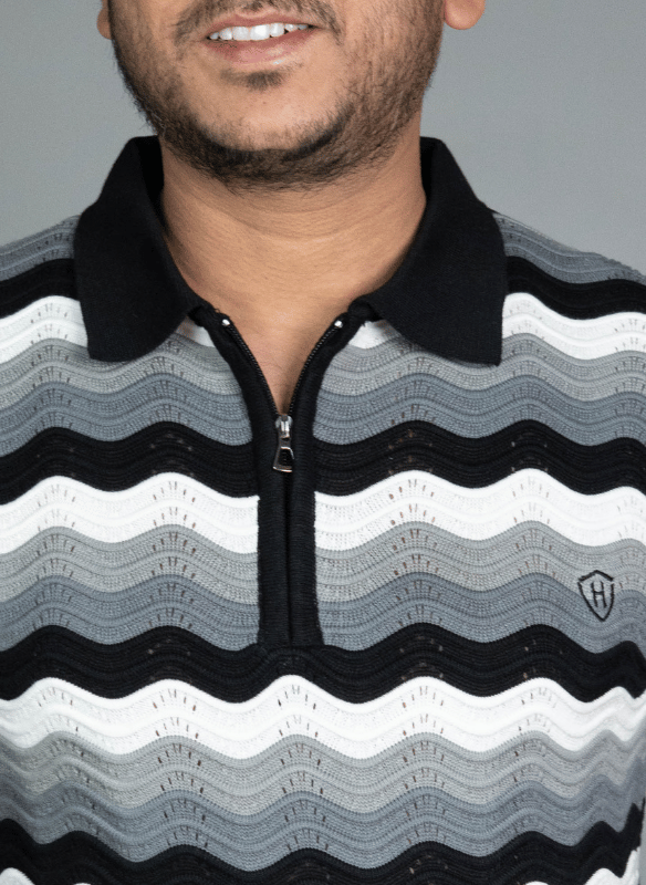 Wave Chevron Polo - Black Grey White Zip Knit T-Shirt