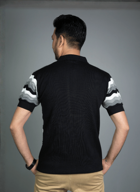 Wave Chevron Polo - Black Grey White Zip Knit T-Shirt