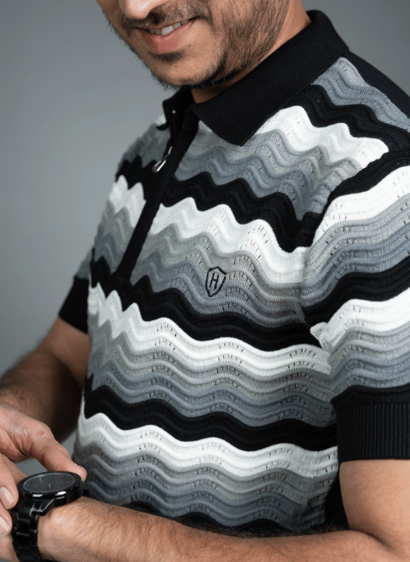 Wave Chevron Polo - Black Grey White Zip Knit T-Shirt