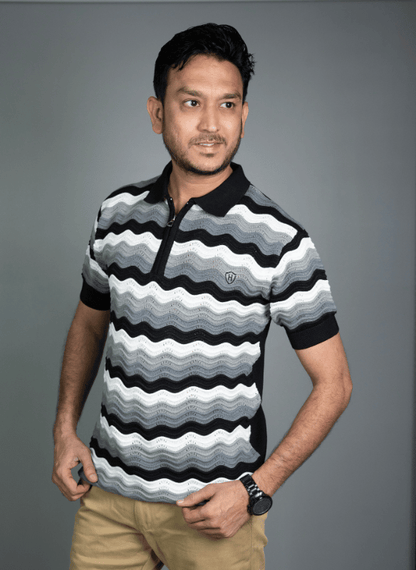 Wave Chevron Polo - Black Grey White Zip Knit T-Shirt