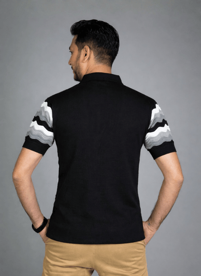 Horizon Wave Polo - Black Grey White Ribbed Knit Shirt