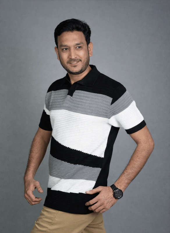 Horizon Wave Polo - Black Grey White Ribbed Knit Shirt